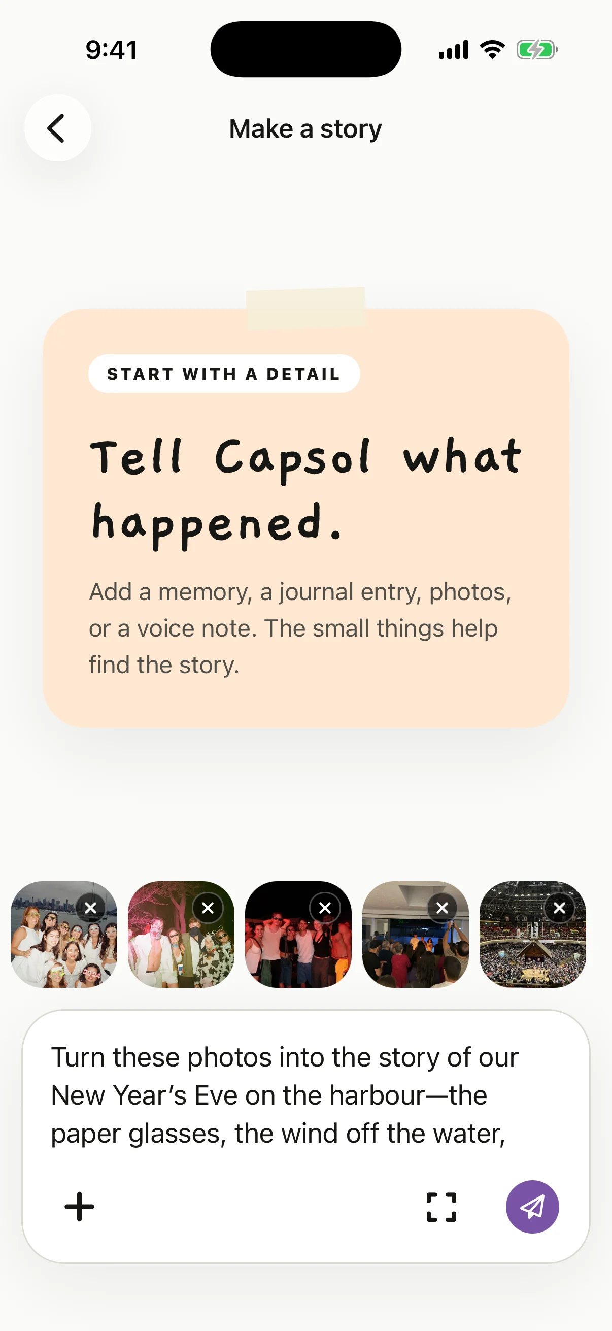 Capsol on iPhone showing five personal photos and a detailed New Year's Eve story prompt