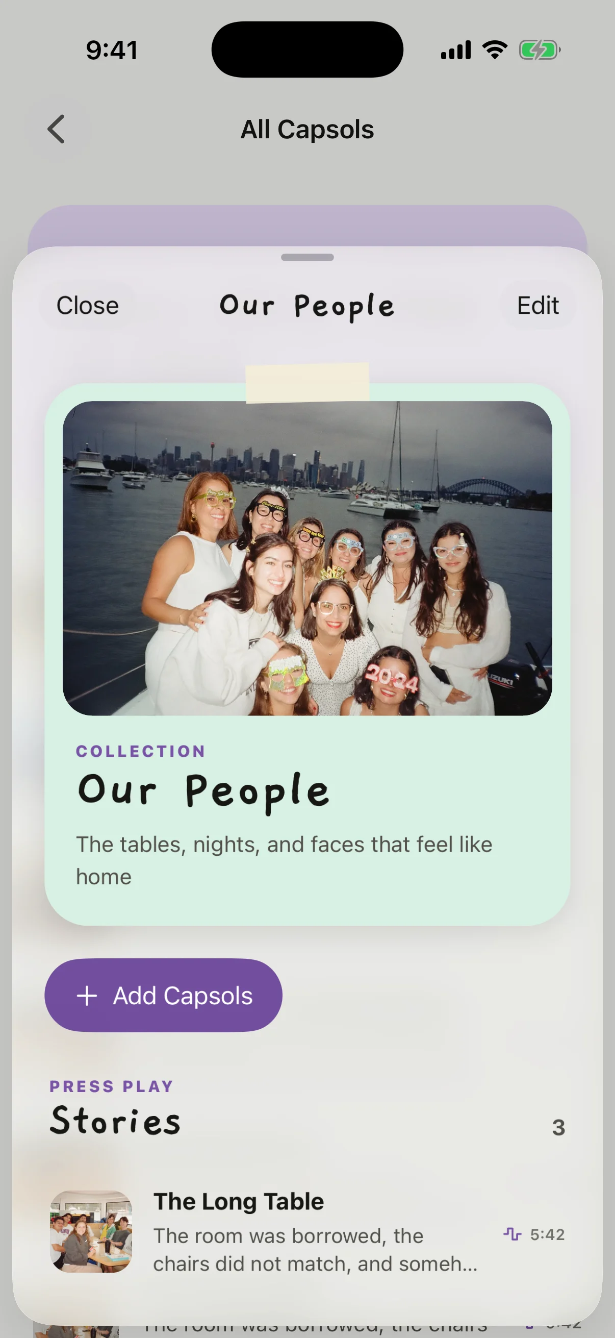 Capsol on iPhone showing the Our People collection and its personal stories