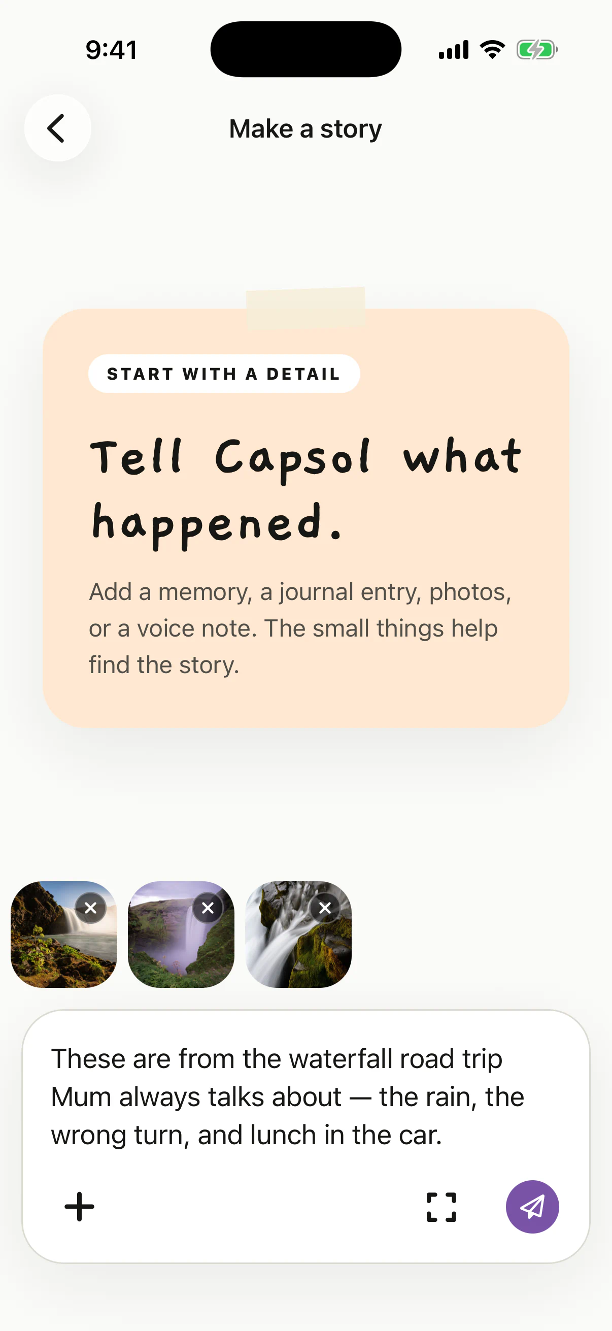 Capsol on iPhone showing three attached waterfall photos and a written story prompt in the composer