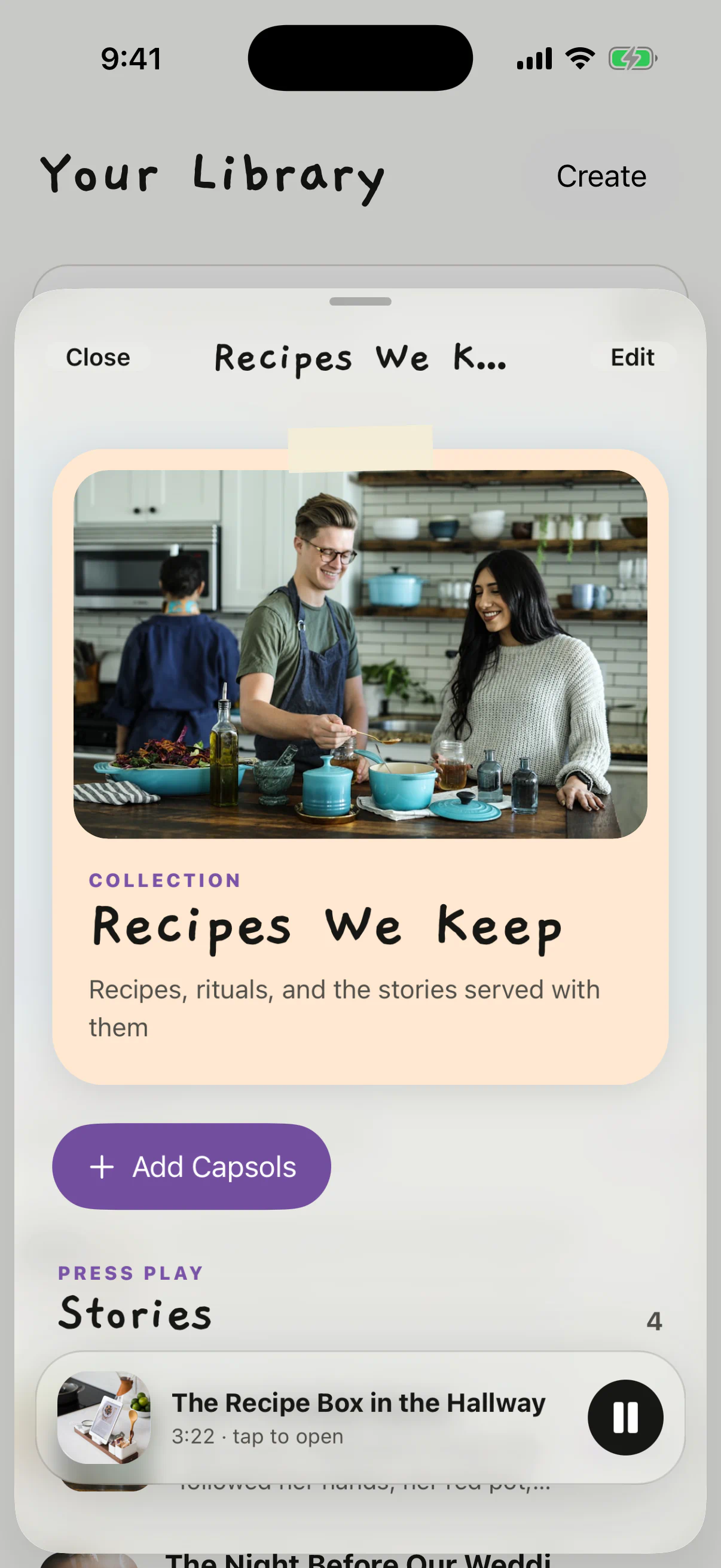 Capsol on iPhone showing the Recipes We Keep collection and its preserved family stories